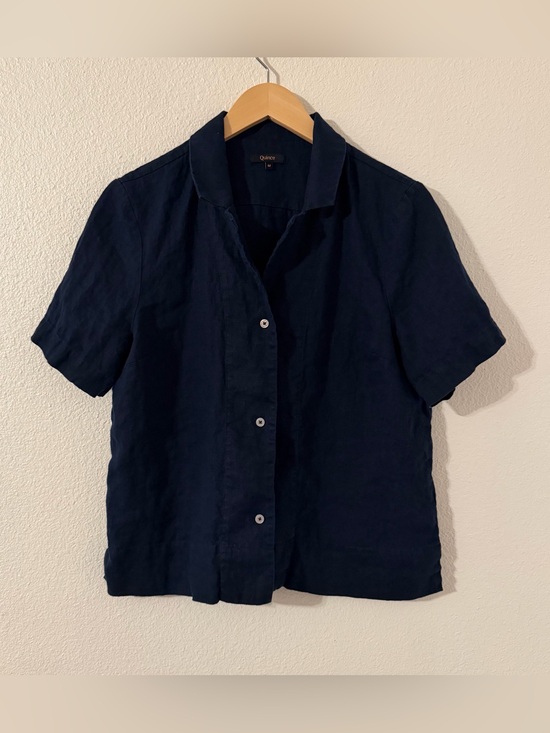 Quince Tops - Quince Women's 100% European Linen Short Sleeve Shirt in Flax Deep Navy Medium